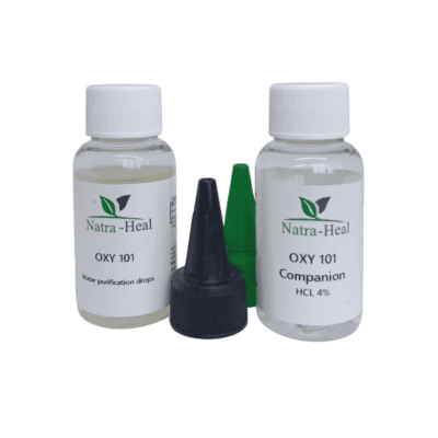 OXY 101 water purification drops and companion drops with green and black applicators.